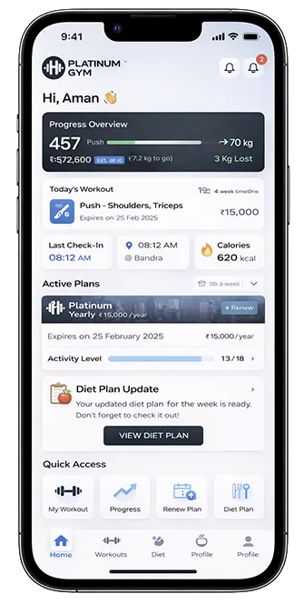 Platinum Gym member app home screen